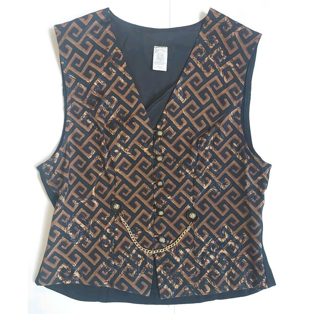 Vintage 90's Ladies Black & Bronze Brocade Tone On Tone Vest W/Chain Size SP